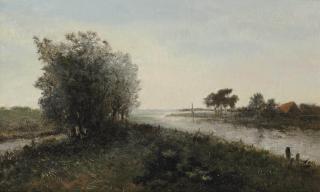 Paul Joseph Constantin Gabriël - A river landscape with a farm in the distance