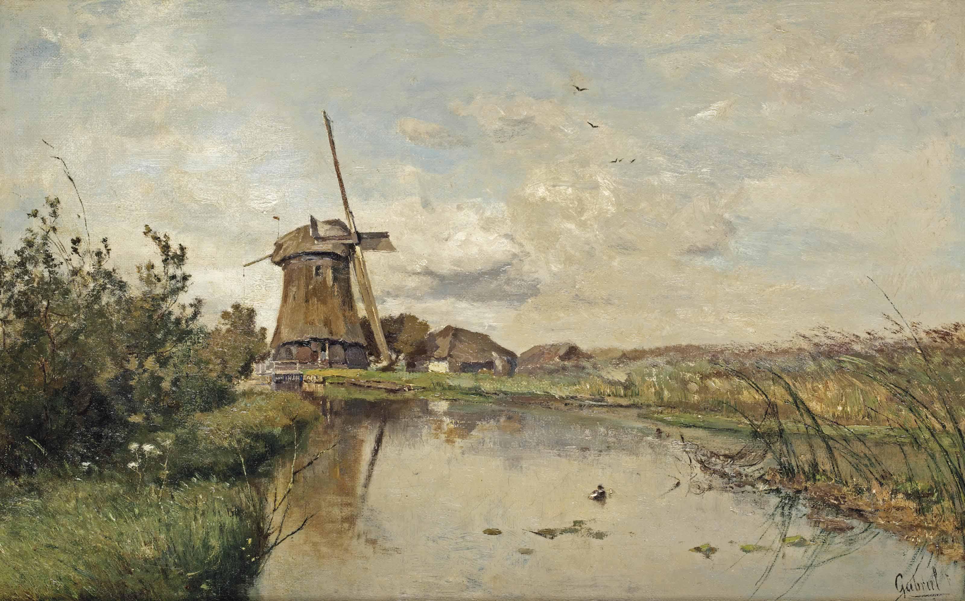 Paul Joseph Constantin Gabriël - A river landscape with a windmill