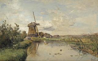 Paul Joseph Constantin Gabriël - A river landscape with a windmill