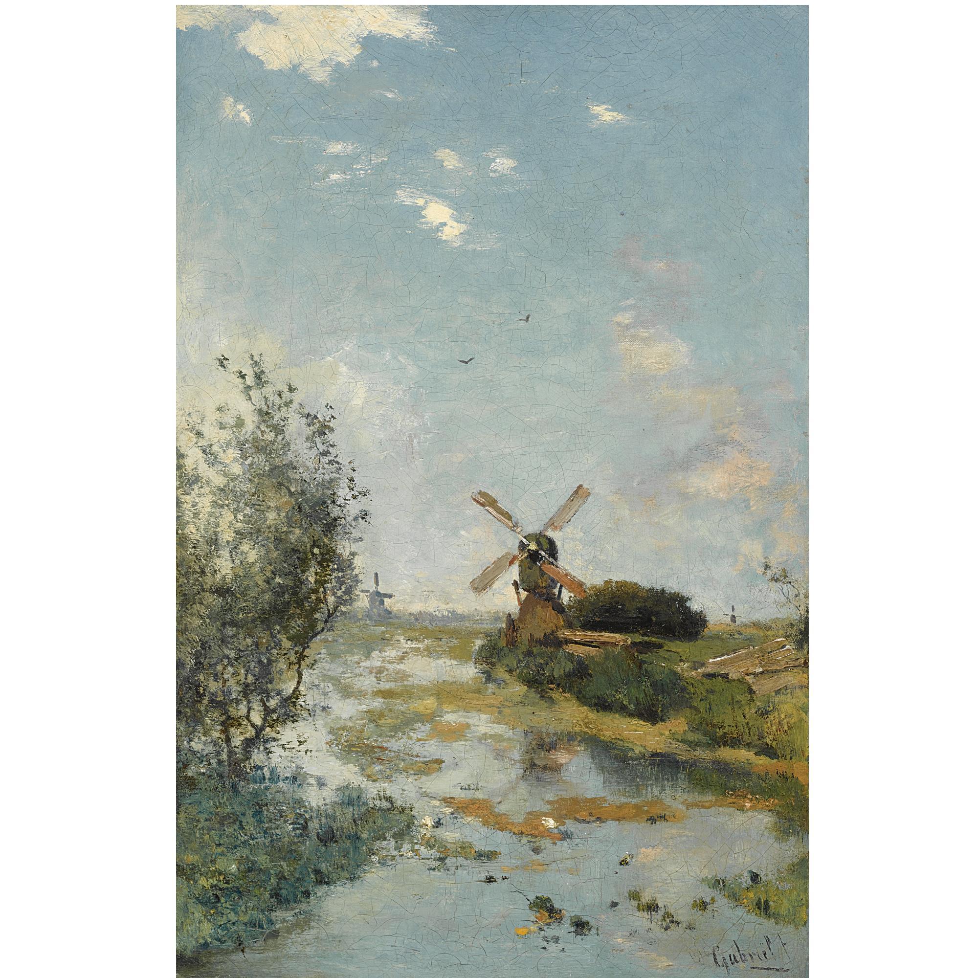 Paul Joseph Constantin Gabriël - Belgian A Windmill In A Polder Landscape Near Kortenhoef