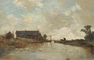 Paul Joseph Constantin Gabriel - Tolbrug bij Kortenhoef: a carriage approaching a drawbridge