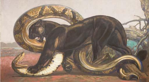 Paul Jouve - Panthère Noire Combattant Un Python, Vers 1930