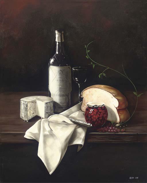 Paul Karslake, F.R.S.A. - A Bottle of Wine, Cheese And Bread, With A Jar of Cherries To The Side