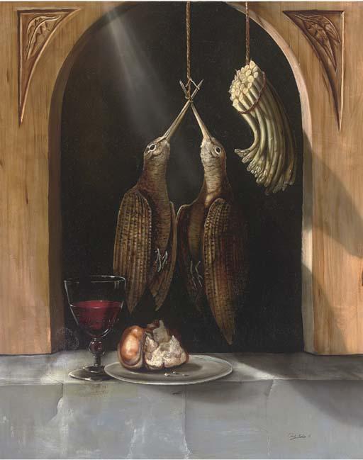 Paul Karslake, F.R.S.A. - A Brace of Woodcock, Asparagus, A Glass of Wine, With Bread On A Platter, In An Alcove