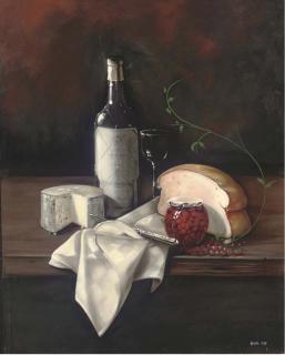 Paul Karslake - A bottle of wine, cheese, bread, with a jar of cherries to the side