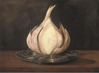 Paul Karslake - A garlic clove on a pewter dish