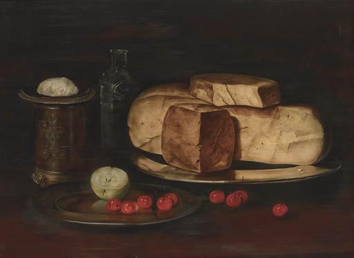 Paul Karslake - A Large Gauda, Cherries, Half An Apple And A Pot On A Table