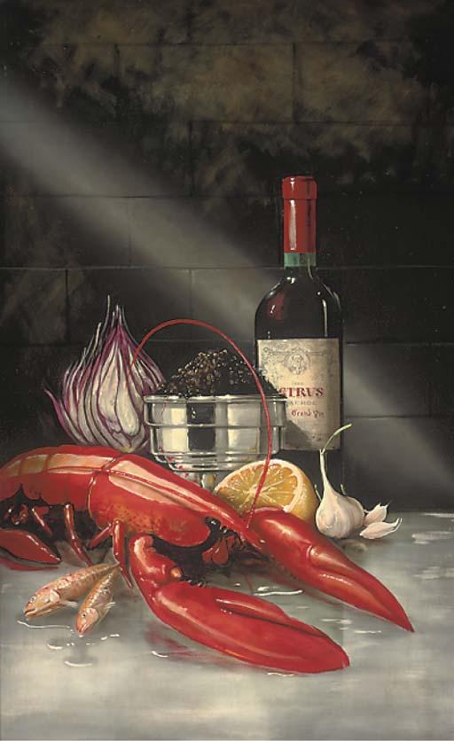 Paul Karslake - A lobster, onion, caviar, garlic and lemon with a bottle of Petrus