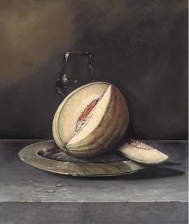 Paul Karslake - A melon on a pewter dish with a glass, on a stone ledge