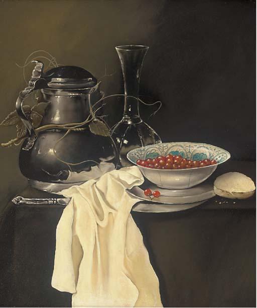 Paul Karslake - A pewter jug, glass vase and bowl of cherries