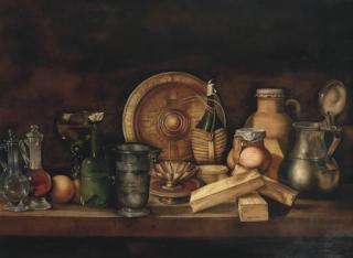 Paul Karslake - Carraffes, Goblet And Jugs On A Table With Oranges, A Brass Plate And Cartons