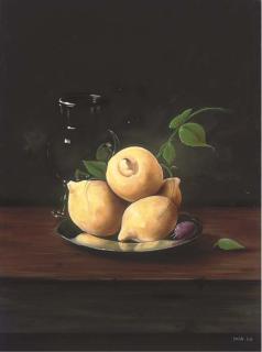 Paul Karslake - Lemons and a plum on a silver platter, with a glass jug to the side