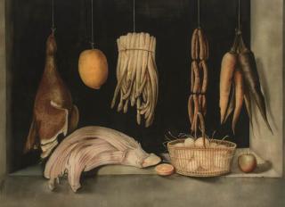 Paul Karslake - Sausages, Carrotts, Asparagus, Dead Game And A Lemon Hanging Above A Basket of Eggs And Celary