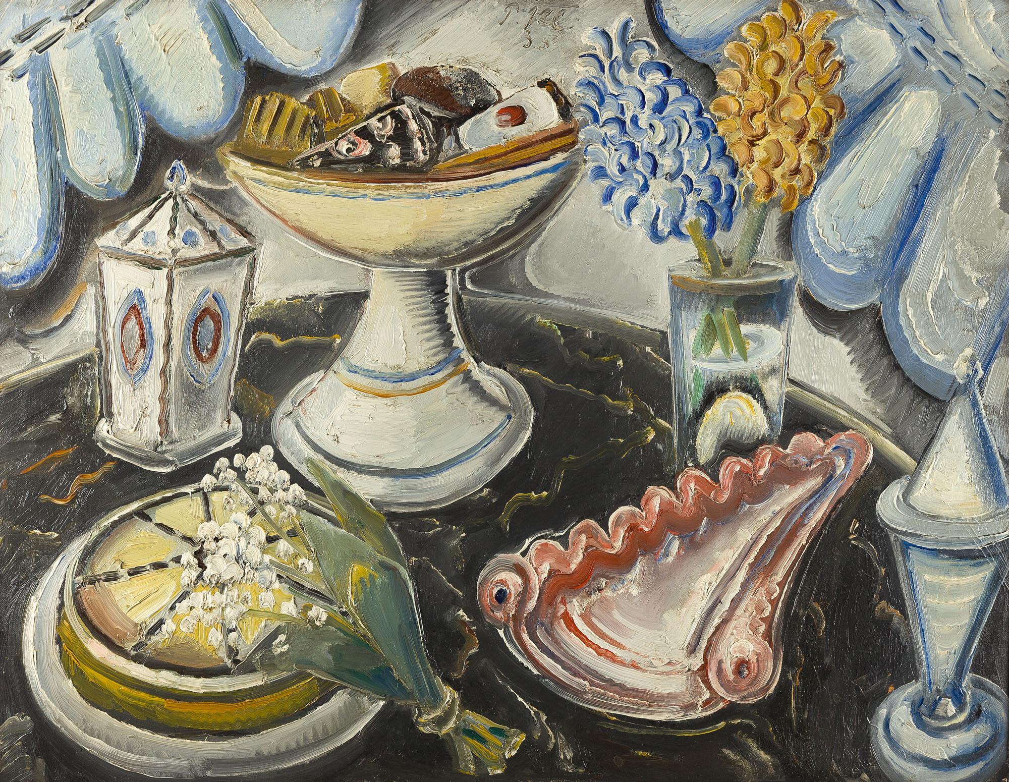 Paul Kleinschmidt - Stillleben mit Muschel, Blumen und Kuchen.