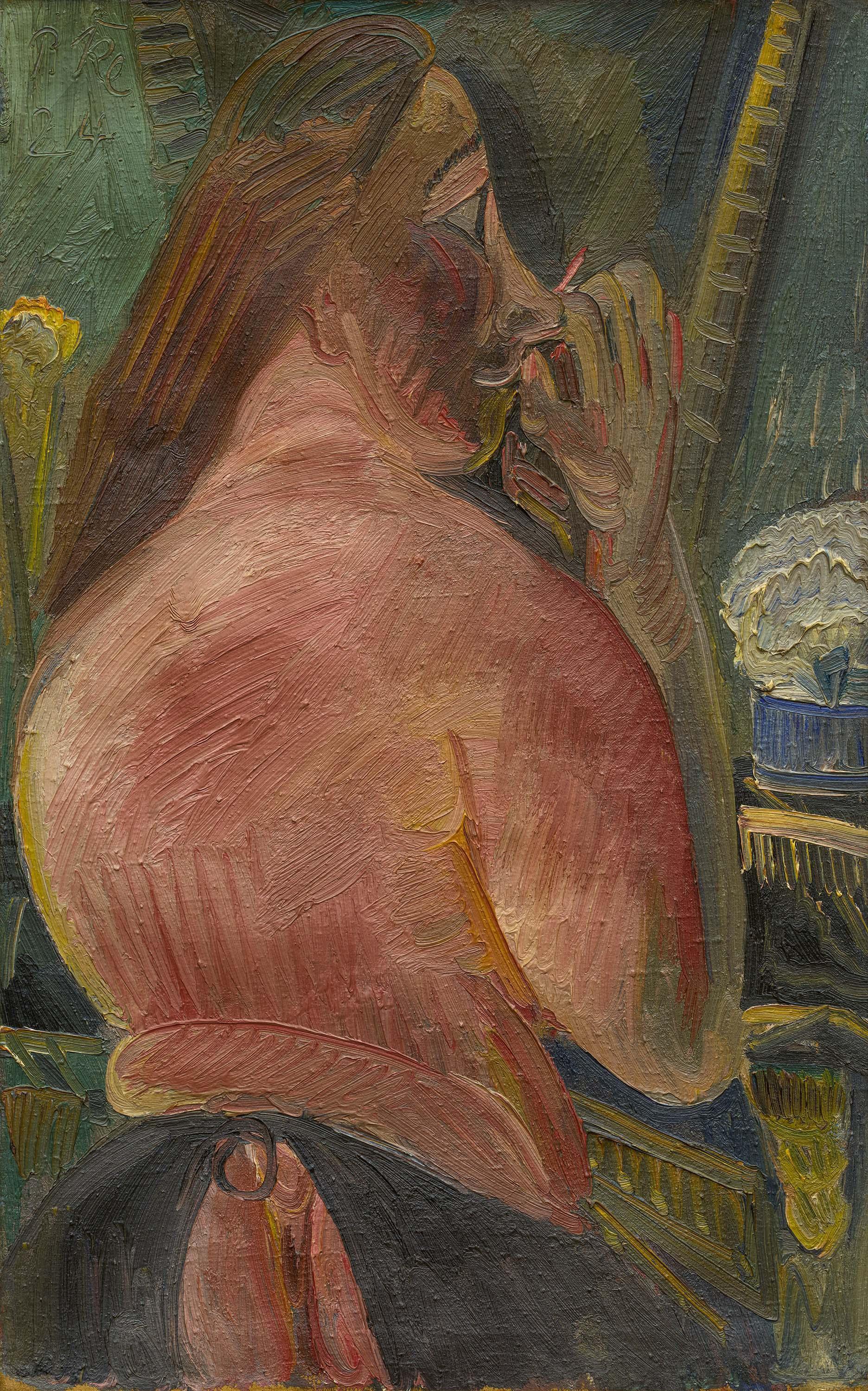 Paul Kleinschmidt - Vor dem Spiegel, Rückenakt mit schwarzer Schürze.