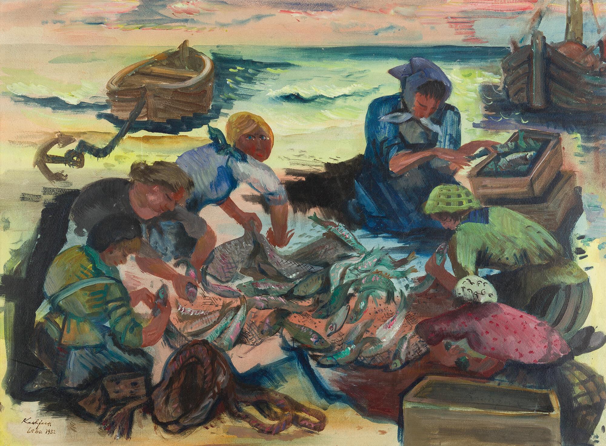 Paul Kuhfuss - Fischerfrauen beim Verteilen und Ausnehmen von Fischen am Strand.