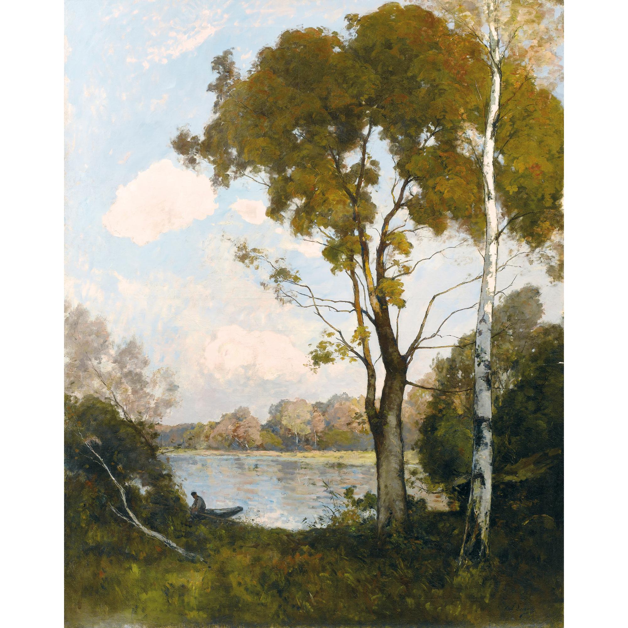 Paul Lecomte - Barque Au Soleil Couchant, Deux Grands Arbres À Droite