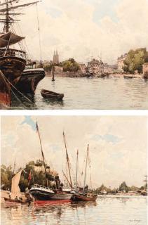 Paul Lecomte - Boats moored in a harbour; and a river estuary