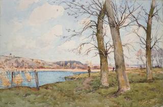 Paul Lecomte - Paysage avec des pêcheurs au bord d\'une rivière