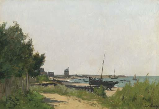 Paul Lecomte - Vue d\'un Navire sur la Plage