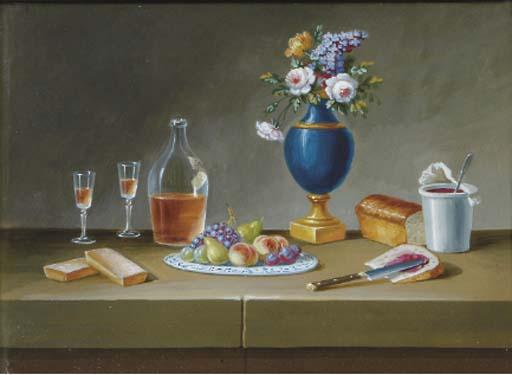 Paul Lelong - A vase of flowers, a platter of fruit and a bottle of wine with two glasses with other objects on a ledge; and eleven companions works