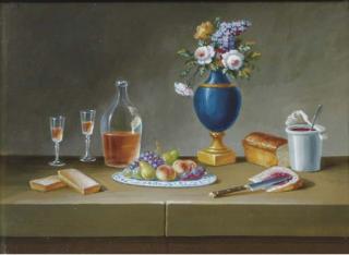 Paul Lelong - A vase of flowers, a platter of fruit and a bottle of wine with two glasses with other objects on a ledge; and eleven companions works