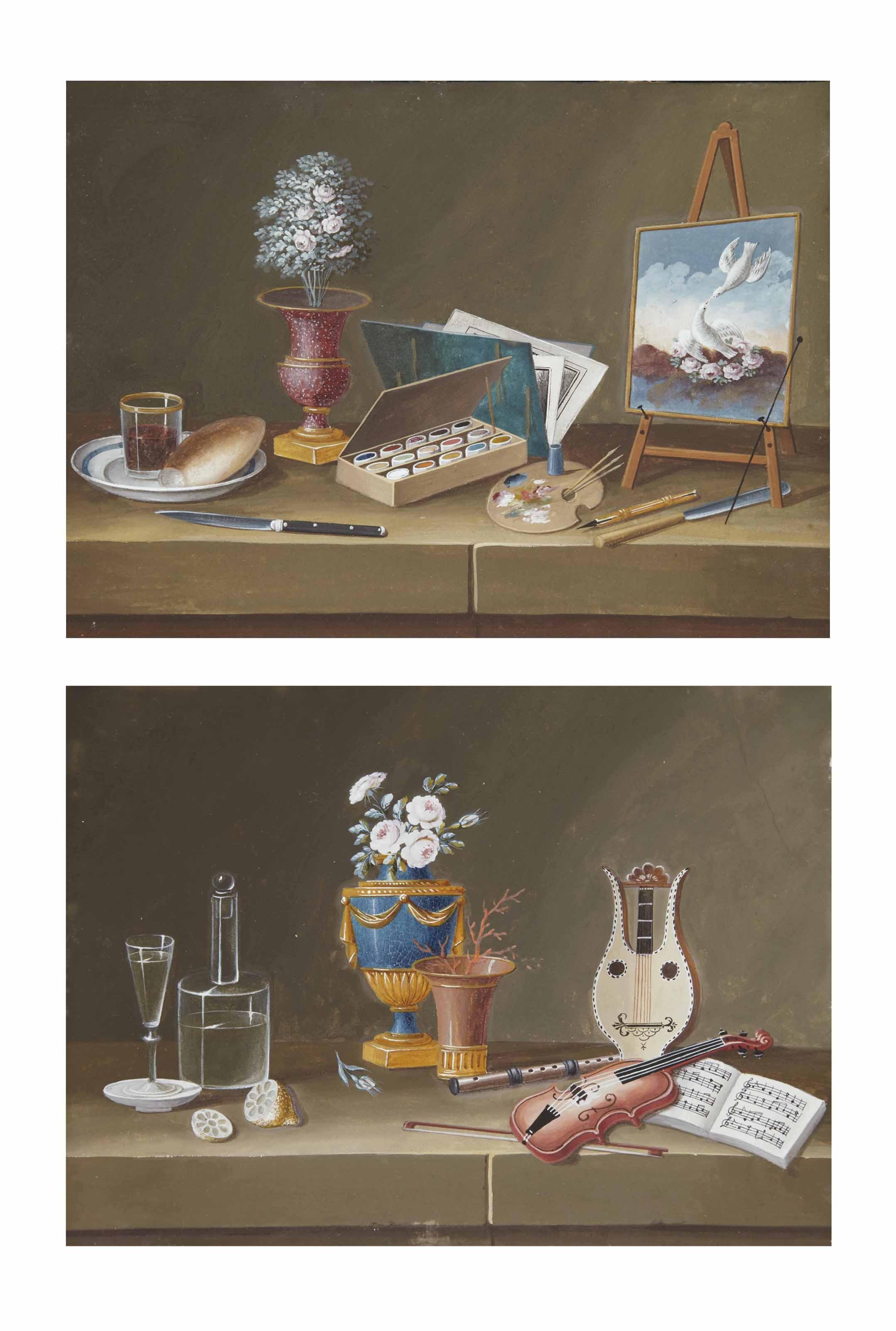 Paul Lelong - Matériel d\'artiste sur un entablement; Instruments de musique sur un entablement; et Pain, carottes et vin sur un entablement