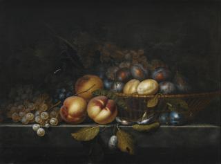 Paul Liégeois - Nature Morte Au Pêches, Prunes Et Grappes De Raisin Dans Un Panier Sur Un Entablementpaul Liégeois ; A Still Life Of Peaches, Plums And Grapes In A Basket On A Stone Ledge ; Indistinctly Signed Lower Left ; Oil On Canvas