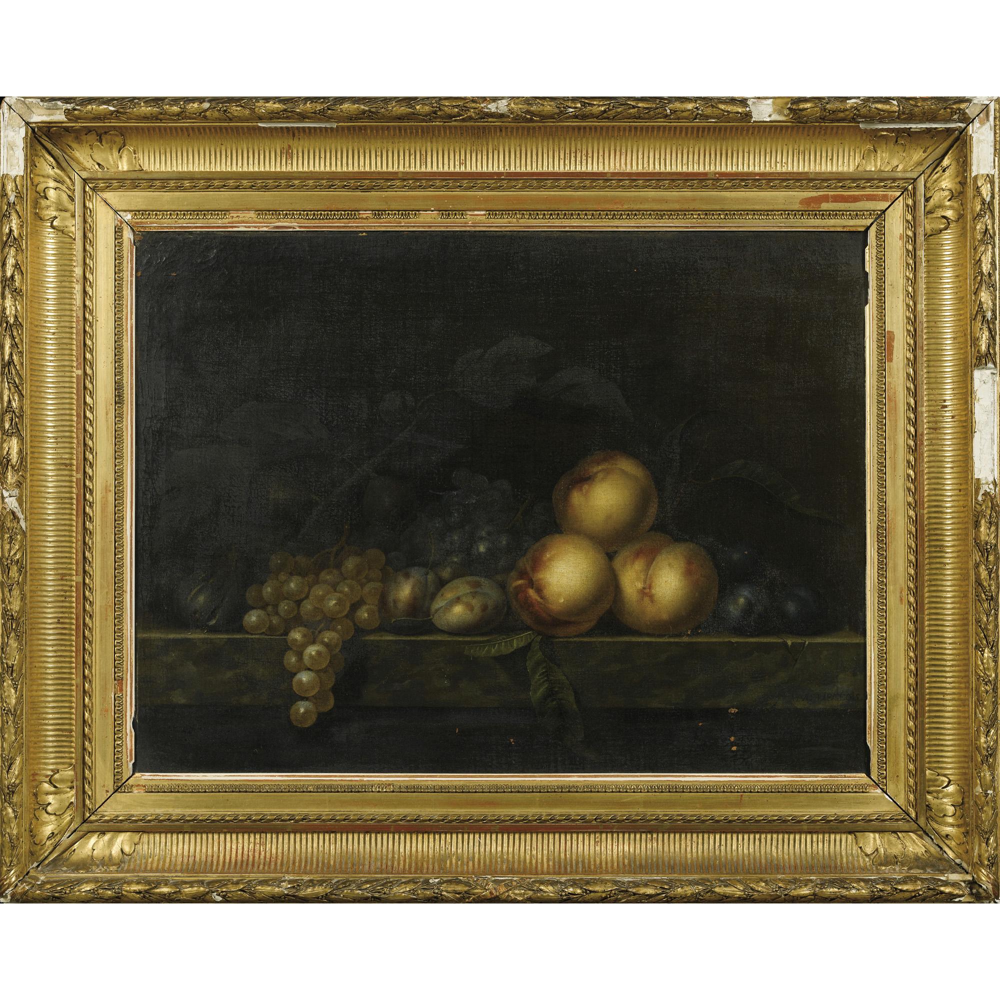 Paul Liégeois - Nature Morte Aux Pêches, Prunes, Raisins Et Figues Sur Un Entablement De Marbrepaul Liégeois ; Still Life With Peaches, Plums, Grapes And Figs On A Marble Ledge ; Signed Lower Right On The Ledge ; Oil On Canvas