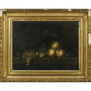 Paul Liégeois - Nature Morte Aux Pêches, Prunes, Raisins Et Figues Sur Un Entablement De Marbrepaul Liégeois ; Still Life With Peaches, Plums, Grapes And Figs On A Marble Ledge ; Signed Lower Right On The Ledge ; Oil On Canvas