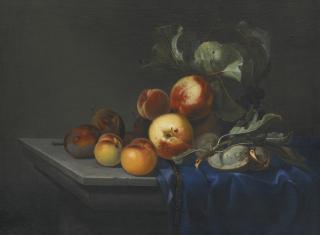 Paul Liégeois - Peaches And Plums On A Partly Draped Stone Ledge