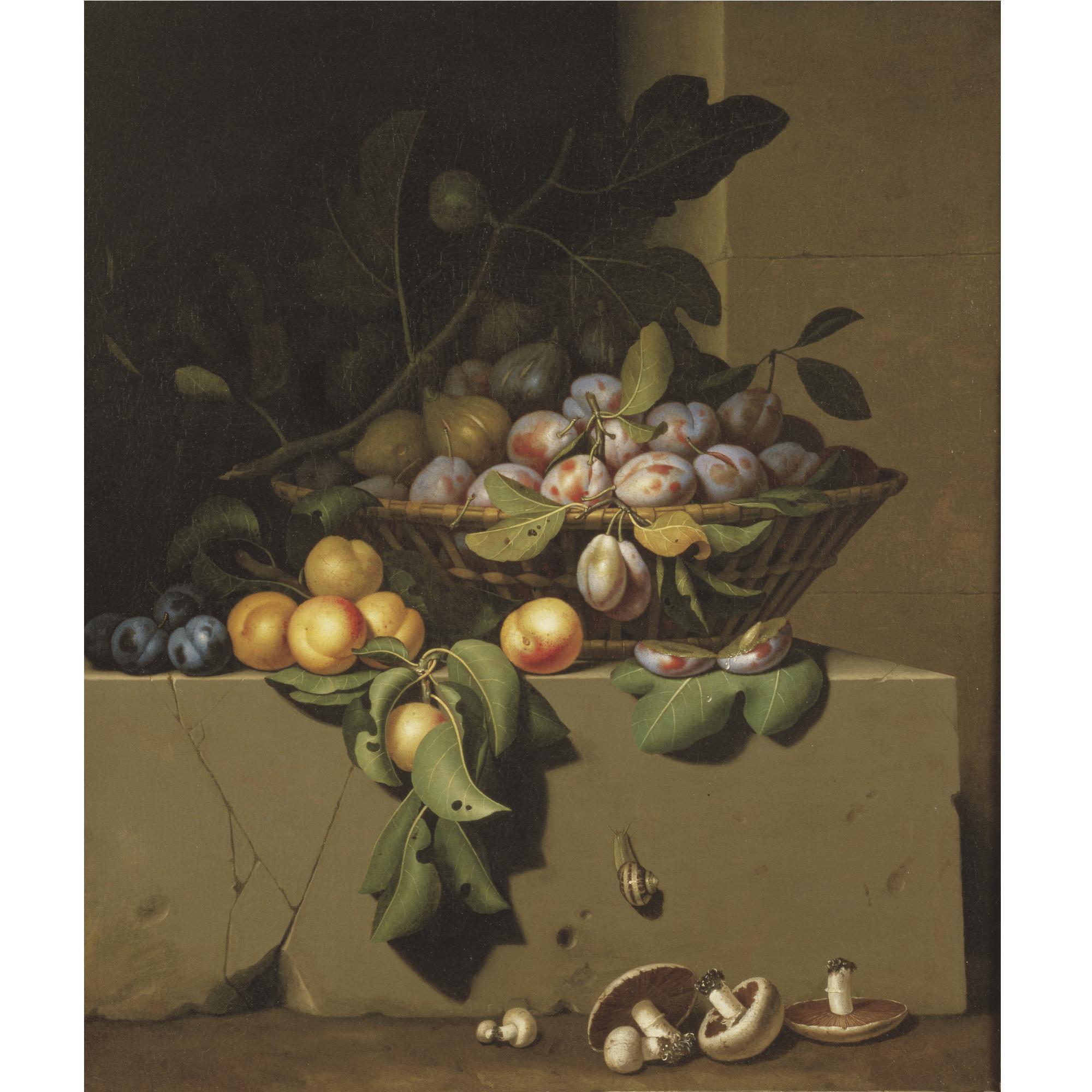 Paul Liégeois - Plums And Figs In A Basket, With Apricots On A Stone Ledge, A Snail And Button Mushrooms Lower Down