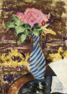 Paul Lucien Maze - Pink Roses In A Blue And White Striped Vase