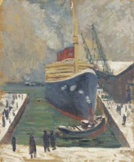 Paul Lucien Maze - SS United States in New York harbour (recto); and sketch of Jessie carrying a tea tray (verso)