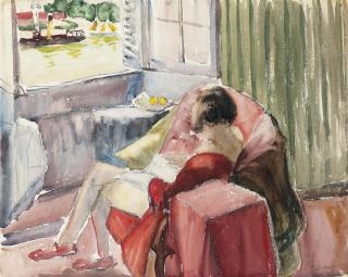 Paul Lucien Maze - Young girl in a red dress reading by an open window