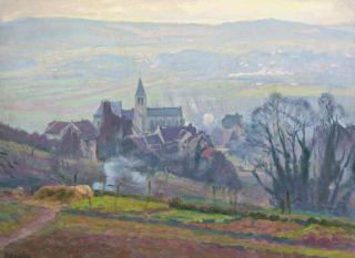 Paul Madeline - A meadow before a French village