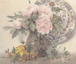 Paul Mathey - Peonies In A Vase With An Ornamental Plate