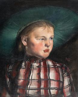 Paul Mathias Padua - Mädchenporträt mit kariertem Kleid und Pustertaler Hut