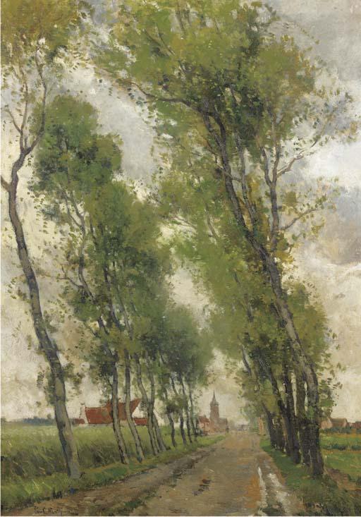 Paul Mathieu - A treelined countryroad with a village in the distance