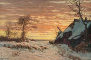 Paul Müller-Kaempff - Bauernhof und Mühle im winterlichen Ahrenshoop