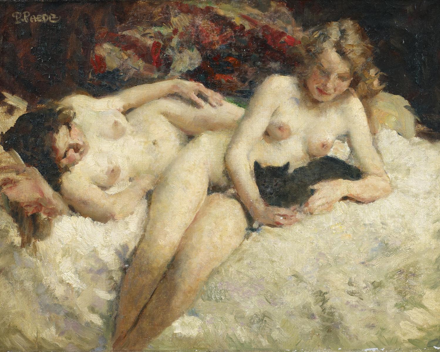 Paul Paede - Zwei Mädchen mit Katze