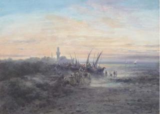 Paul Pascal - A North African coastline with fishermen at dawn