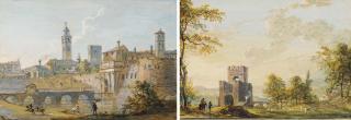 Paul Sandby, R.A. - A capriccio view of an Italian town; and Travellers approaching a fortified bridge