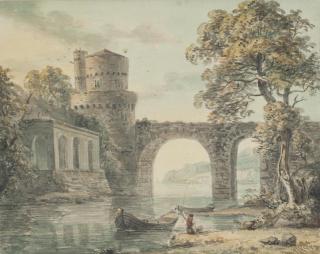 Paul Sandby, R.A. - A Fortified Bridge With An Angler Seated On The Riverbank In The Foreground
