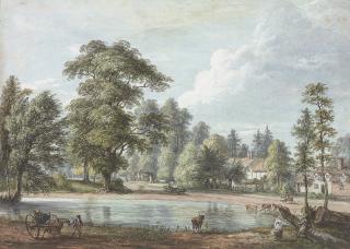 Paul Sandby, R.A. - A village pond with cattle watering, possibly Nuneham Courtenay, Oxfordshire