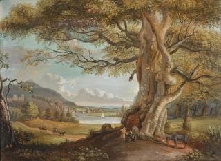Paul Sandby, R.A. - An Extensive Pastoral Landscape With Figures And A Horse Beneath A Tree, A Riverside Town In The Middle Distance