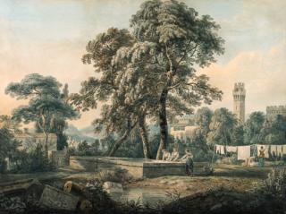 Paul Sandby, R.A. - An Italianate landscape with women washing clothes