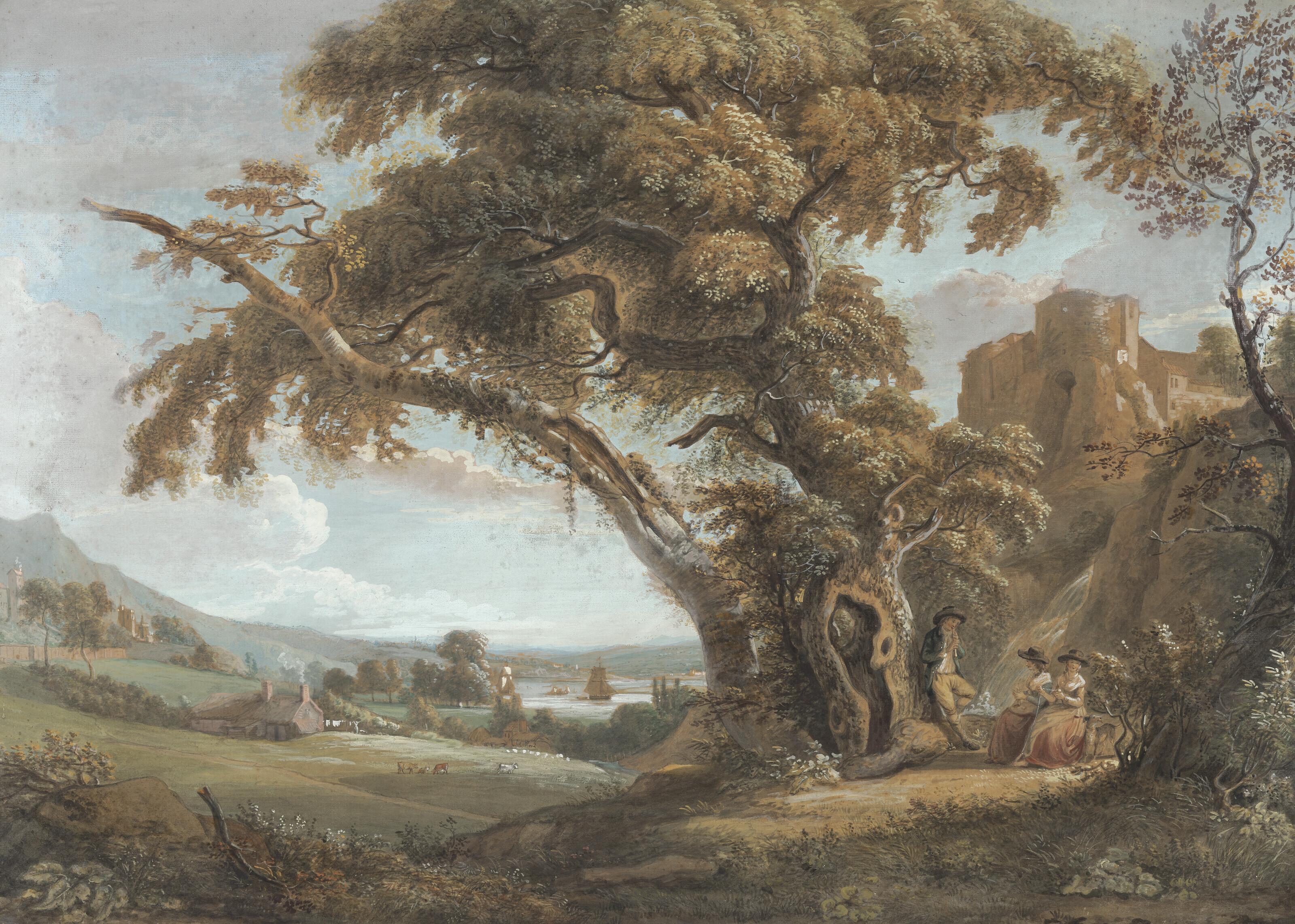 Paul Sandby, R.A. - Figures by a waterfall, with a castle and a river estuary beyond