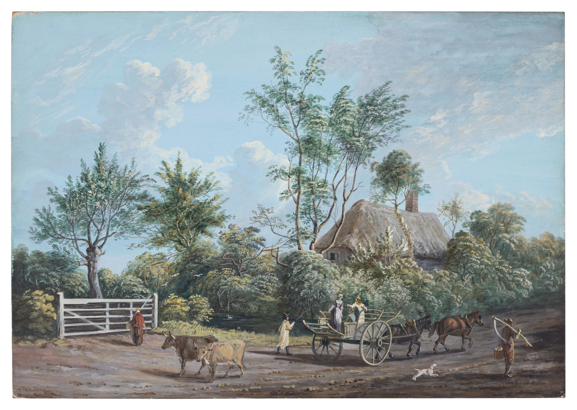 Paul Sandby, R.A. - Figures on a rural road, trees and a thatched cottage beyond