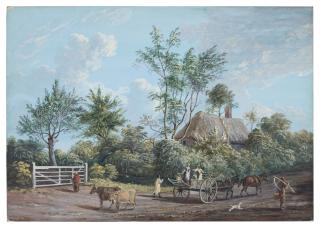 Paul Sandby, R.A. - Figures on a rural road, trees and a thatched cottage beyond